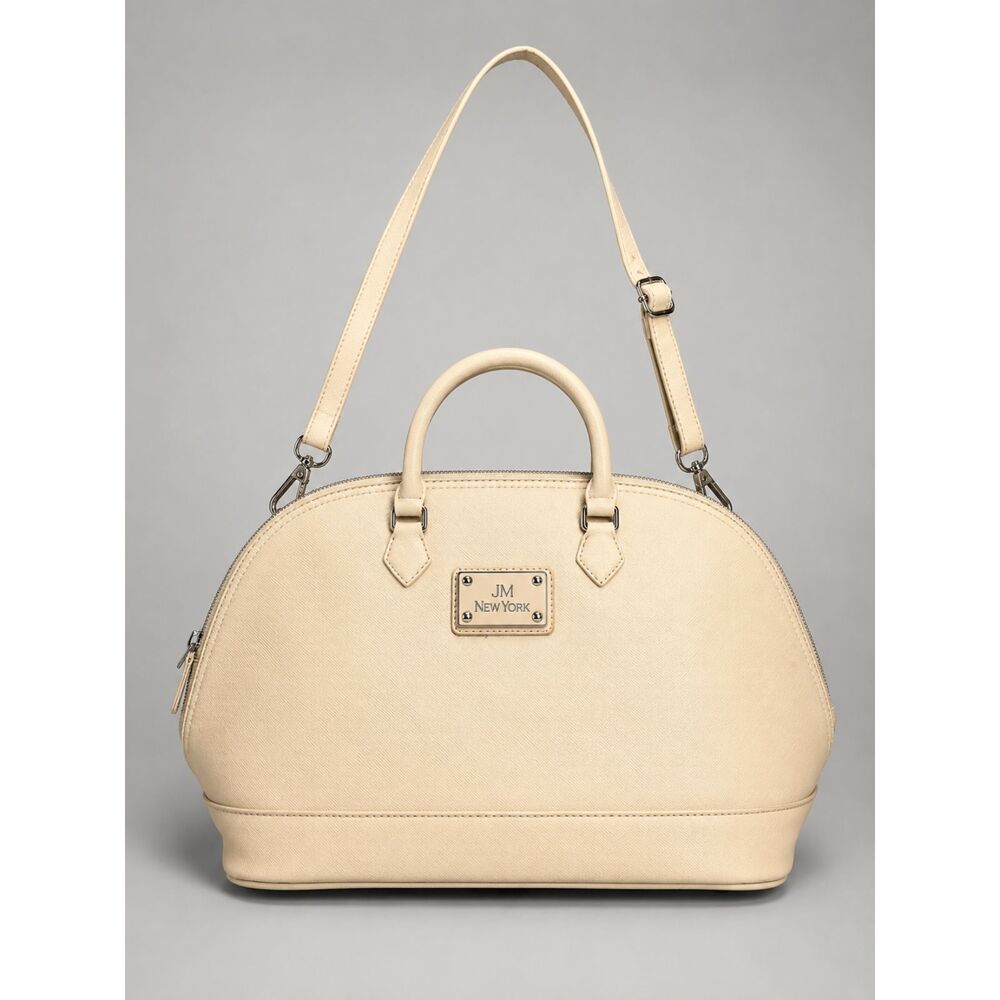 JM New York Large Dome Satchel Cream Beige Faux Leather Crossbody Purse